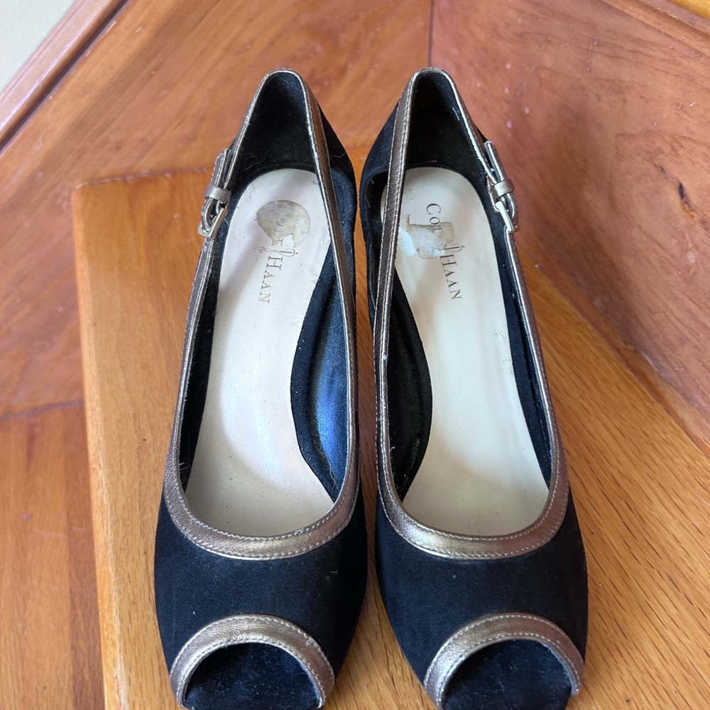 Cole Haan Black and Gold Women's Peep Toe Heels
